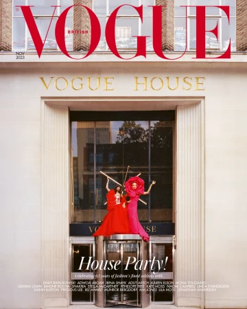 British Vogue cover featuring two women in large gowns, one red and one pink, in front of the Vogue House entrance, November 2023 issue.