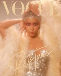 Doja Cat on Vogue Singapore cover wearing crystal headpiece and feathered white coat styled by Dena Giannini