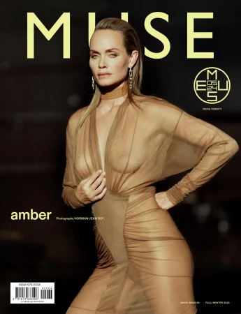 Amber Valletta on Muse magazine cover wearing a sheer beige ruched dress styled by Dena Giannini.