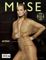 Amber Valletta on Muse magazine cover wearing a sheer beige ruched dress styled by Dena Giannini.