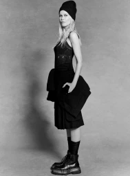 Black and white portrait of a woman wearing a black beanie, dark dress, and lace-up boots against a textured grey background.