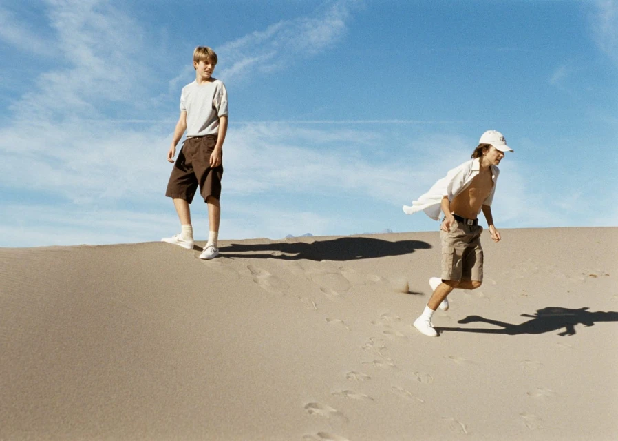 Two kids on a sand dune under a blue, cloudy sky. One stands on the dune's crest, and the other runs down, creating a dynamic visual.