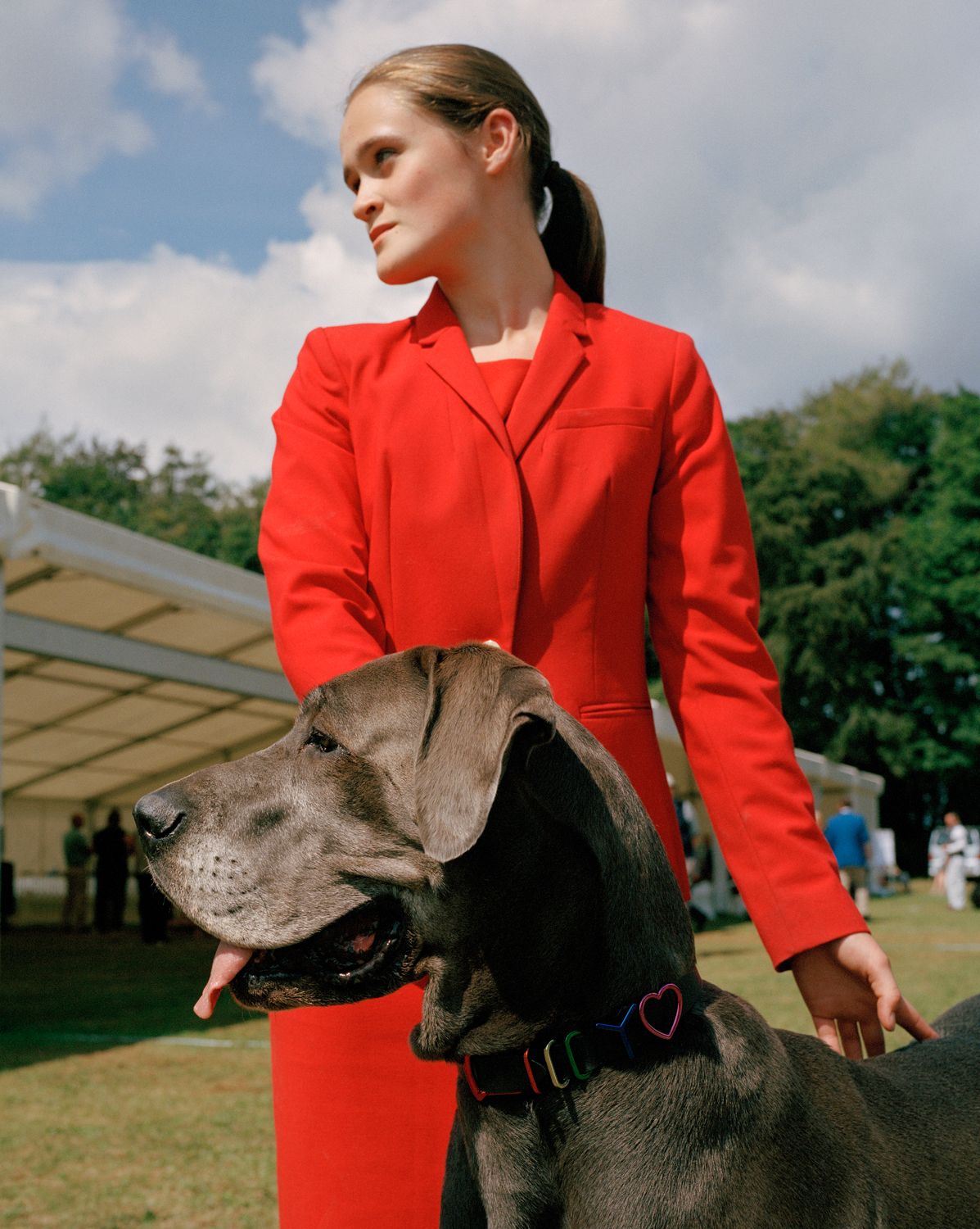 Woman in red suit poses outdoors with grey Great Dane dog wearing heart collar on green grass, under a cloudy sky. 