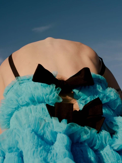 Back view of a person with black straps and a blue ruffled garment with black bows against a clear, bright blue sky background.