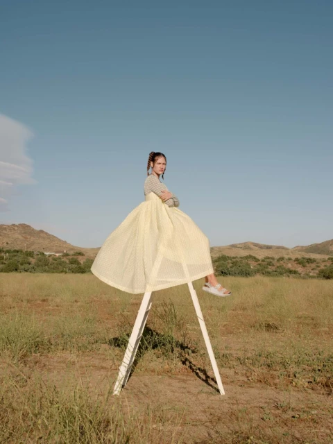 Woman in a yellow dress sits atop a white ladder in a field of tall grass with mountains and a blue sky in the background.