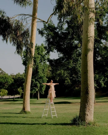 Woman in a beige tiered dress standing on a white stepladder outdoors in a grassy park surrounded by tall trees.