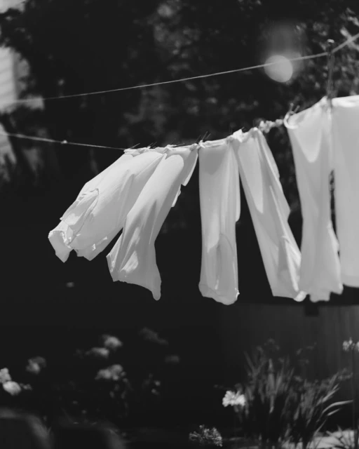 Monochromatic shot of white clothes hanging on a clothesline in a backyard, with foliage and a house partially visible in the background.