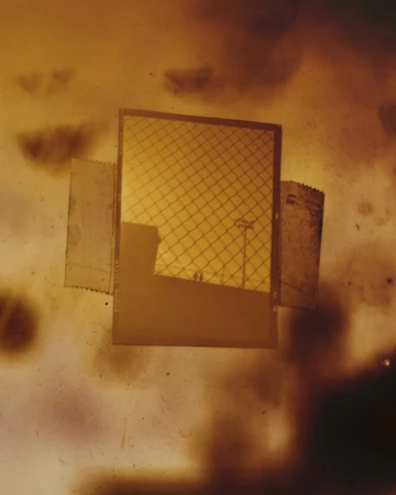 Grungy golden-toned photo of a chain-link fence mirror propped on a mottled surface reflecting an outdoor scene with two people.