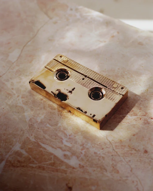 Close-up of a gold-colored audio cassette tape on a marble surface, illuminated by a soft, diffused light.