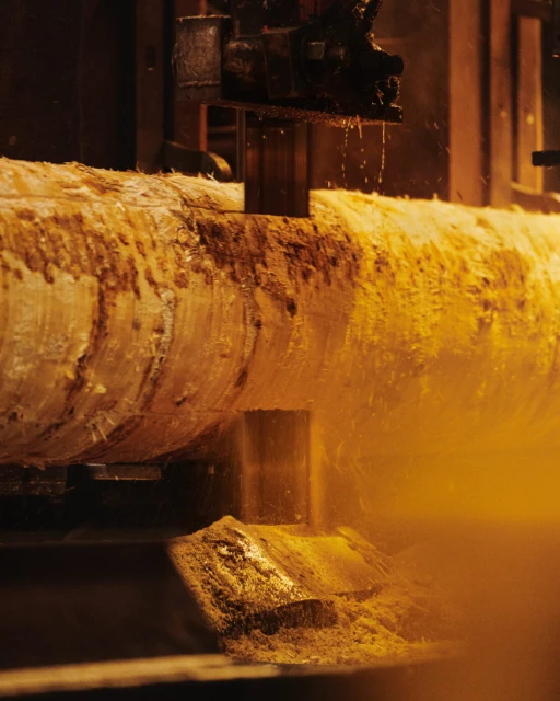Industrial sawmill cutting a large log, creating sawdust and spraying water in an indoor factory setting, under bright artificial lighting.