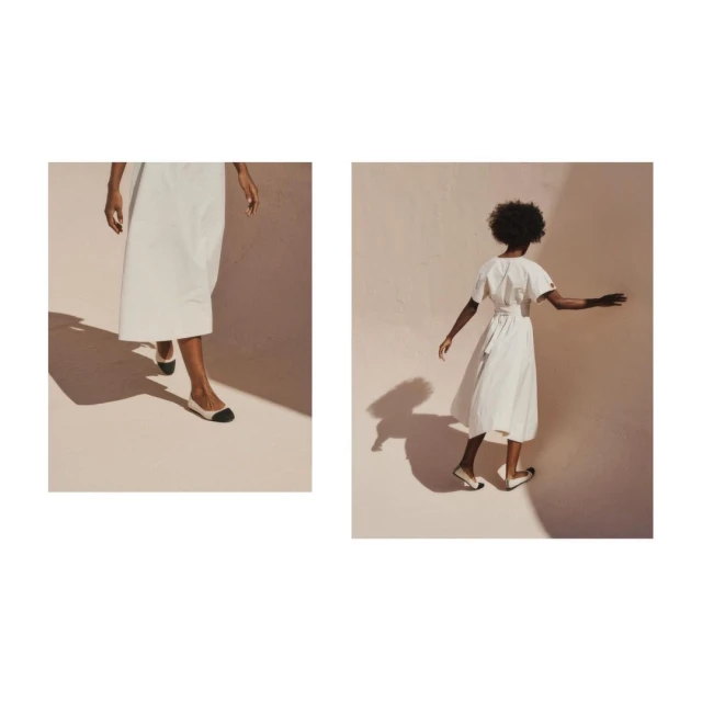 Two images of an African-American woman in a white dress and black-and-white flats against a beige backdrop with shadows. Fashionable.
