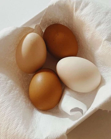 Overhead shot of four chicken eggs in a variety of brown and white hues, arranged on a white textured cloth in soft natural light.