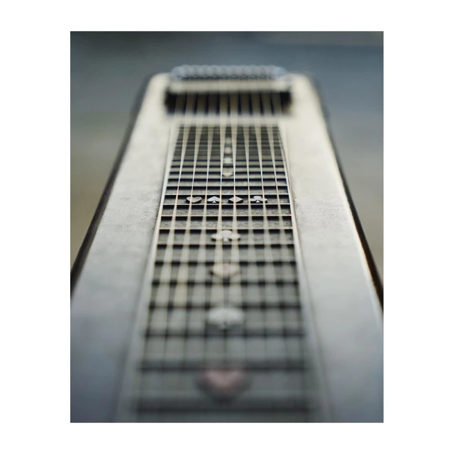 Close-up of a steel guitar featuring strings and fretboard markers in a blurred, shallow depth of field, capturing its detailed design.