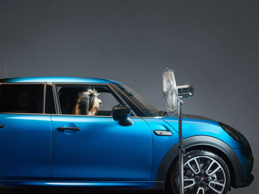 A dog sits in a blue Mini Cooper, enjoying the breeze from a standing fan positioned in front of the car, creating a whimsical scene.