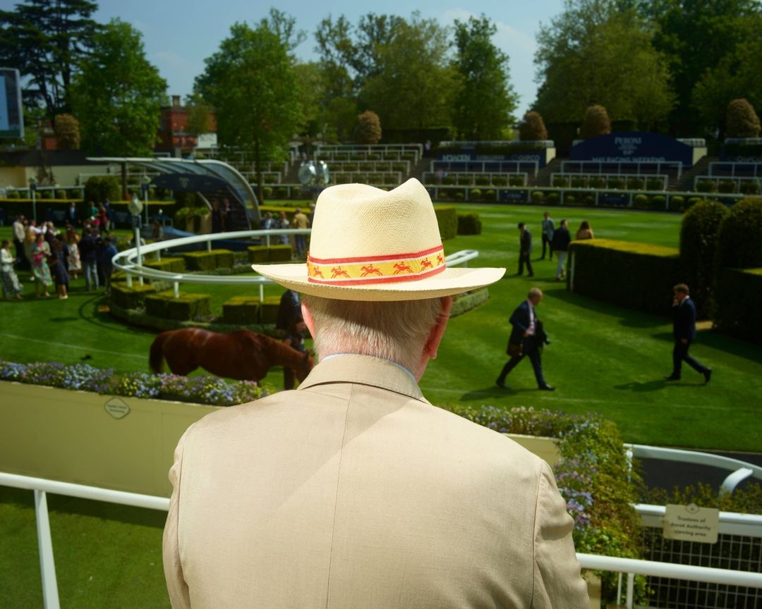 Rear view of a man in a tan suit and straw hat at an outdoor horse racing event, with green grass, trees, and other people visible.