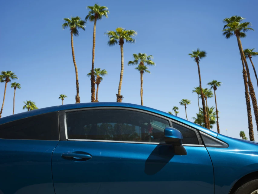 Teal coupe car with palm trees in the background. The car is parked on the street on a sunny day with a bright blue sky.
