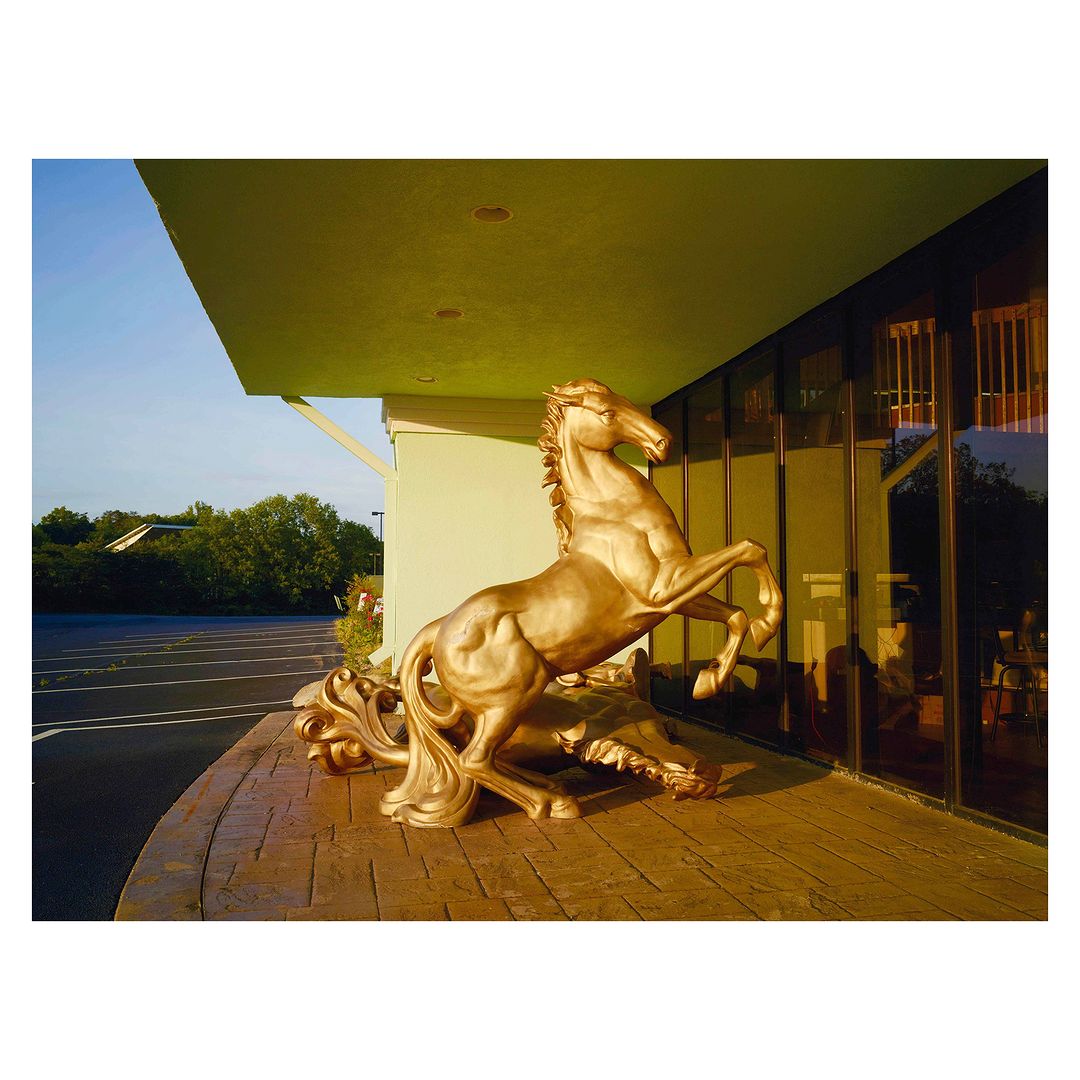 Golden horse statue rearing up in front of a building with green trim and a parking lot in the background on a sunny day.