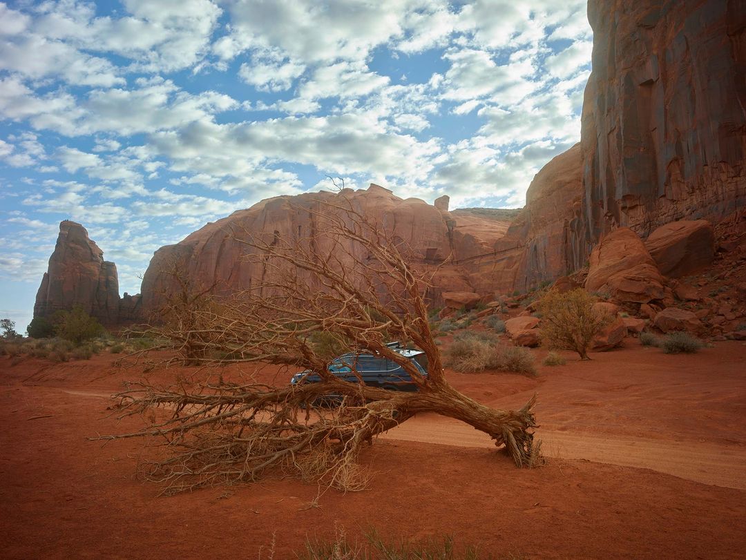 Monument Valley, USA, features a red desert landscape with mesas, a dead tree in the foreground, and a vehicle visible in the scene.