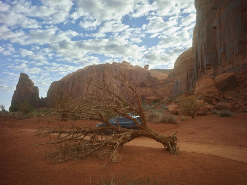 Scenic view of a desert landscape featuring a blue car parked near a weathered tree, set against red rock formations and a cloudy sky.