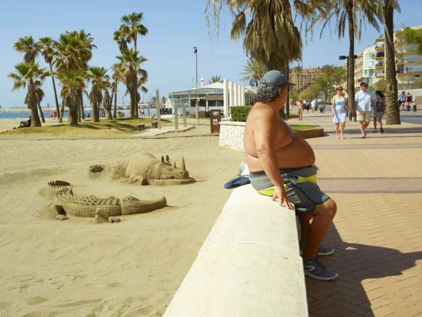 An adult man sits on a concrete wall along a beach near sand sculptures of a rhinoceros and crocodile on a sunny day.