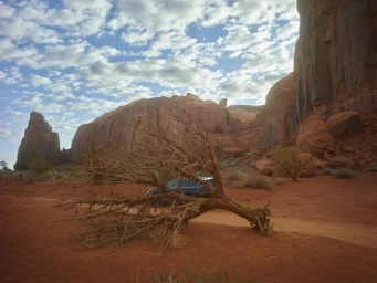 Fallen bare tree trunk in a red desert landscape beneath massive sandstone rock formations and a cloudy blue sky.
