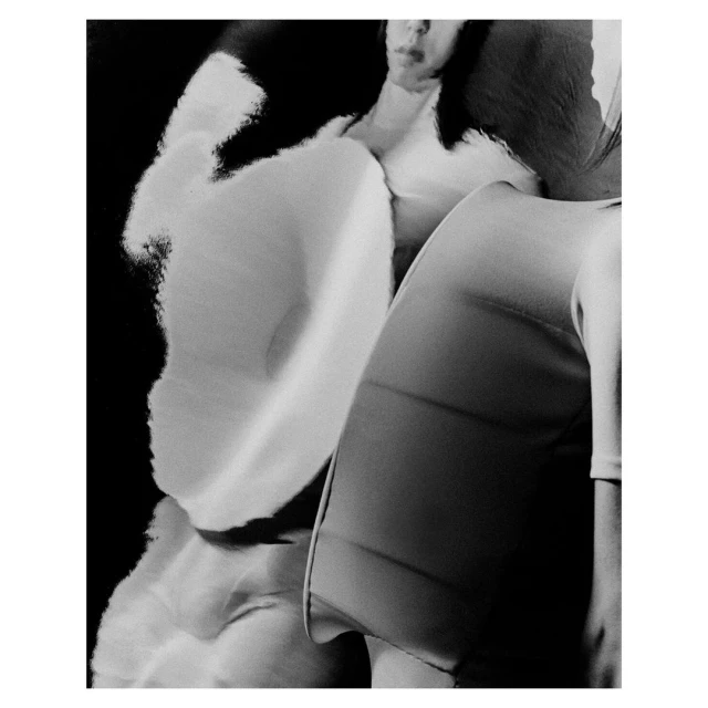 Abstract black and white portrait of two female figures in an indoor setting with a blurred background and diffused lighting.
