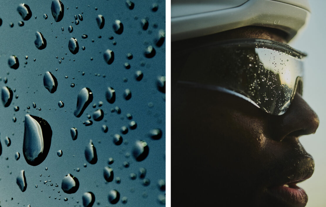 Close-up of an adult wearing eyewear covered in water droplets, contrasted against a macro shot of blue surface with condensation.