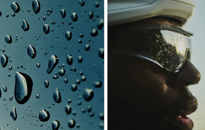 Close-up of an adult wearing eyewear covered in water droplets, contrasted against a macro shot of blue surface with condensation.
