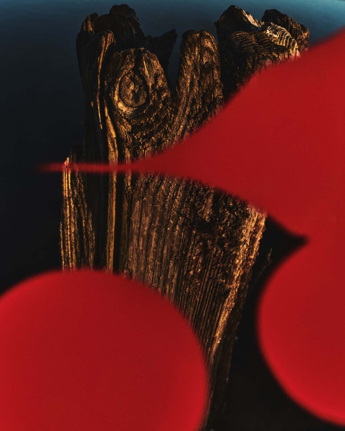 Abstract shot of textured wood pillar with red geometric shapes. The image uses warm lighting and dark blue background for contrast.