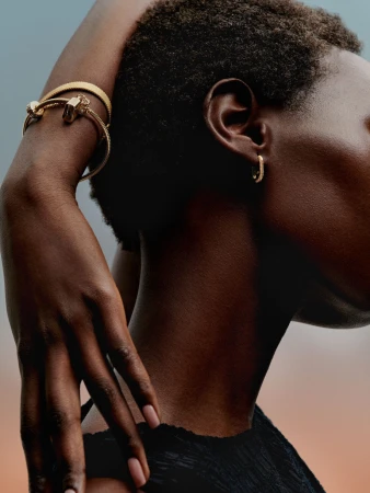 Close up profile portrait of a black woman wearing gold bracelets and small hoop earrings by Daniel Benson.