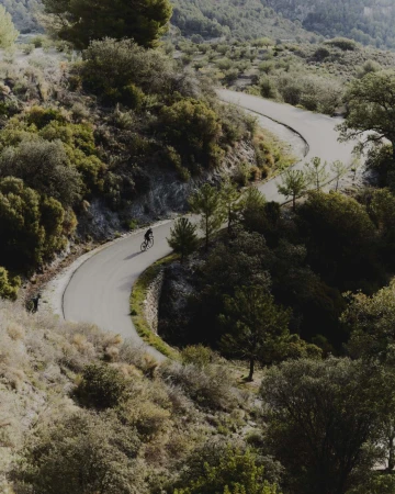 Cyclist on winding mountain road surrounded by green trees and vegetation, photographed from a high angle on a sunny day.