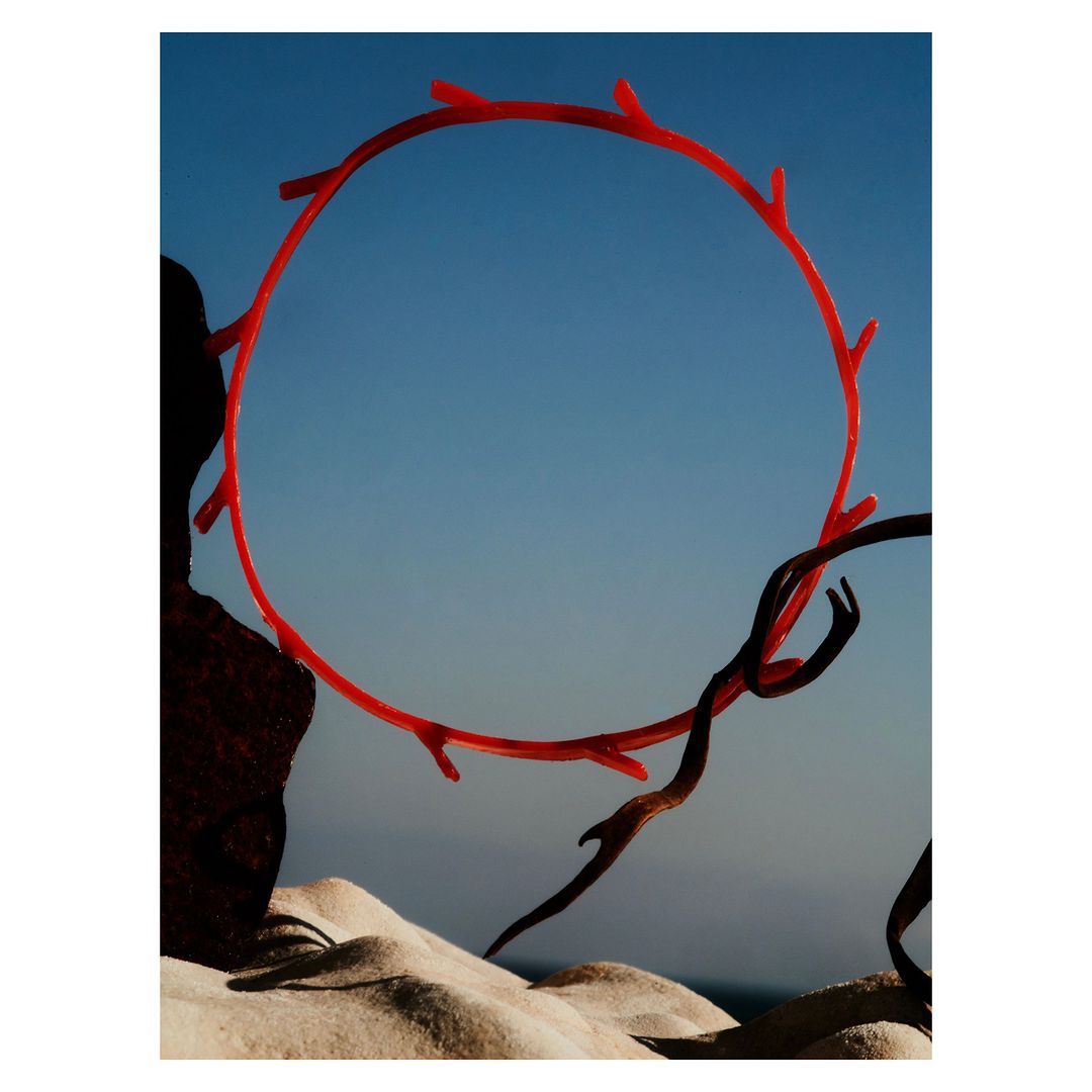 Surreal still life with a red circular object, brown branch-like objects, and sand against a clear blue sky in an outdoor setting.