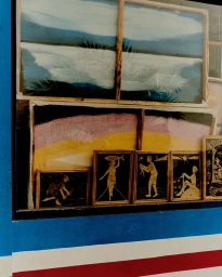 Framed artworks displayed in a window including landscape and figure paintings by Daniel Benson in London