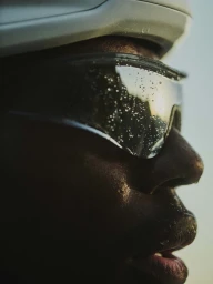 Close-up profile of a black man wearing a white helmet and dark sunglasses covered in water droplets in London.
