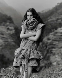 Monochrome portrait of a young woman with long dark wavy hair wearing a textured patterned dress and a large matching rolled collar scarf