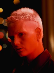 Portrait of a person with short blonde hair and a hoop earring bathed in dramatic red lighting with bokeh in the background