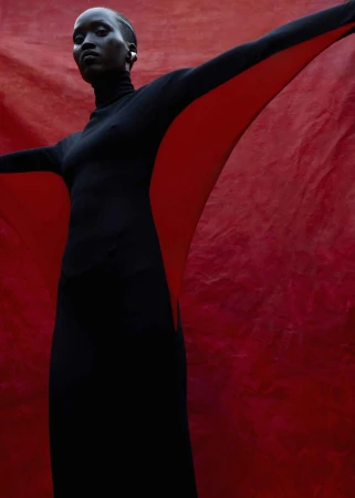Elegant Black Woman in Black Dress Against Red Backdrop. Striking studio shot with a model in fashionable attire.