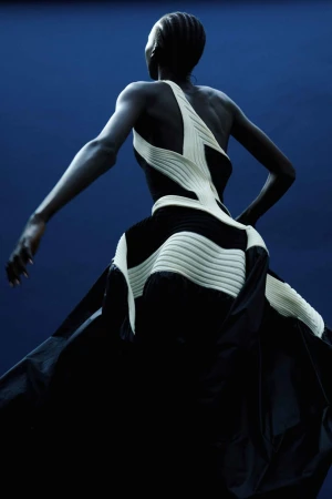 Model with braided hair wearing a sculptural black and white dress against a deep blue background, photographed from behind.