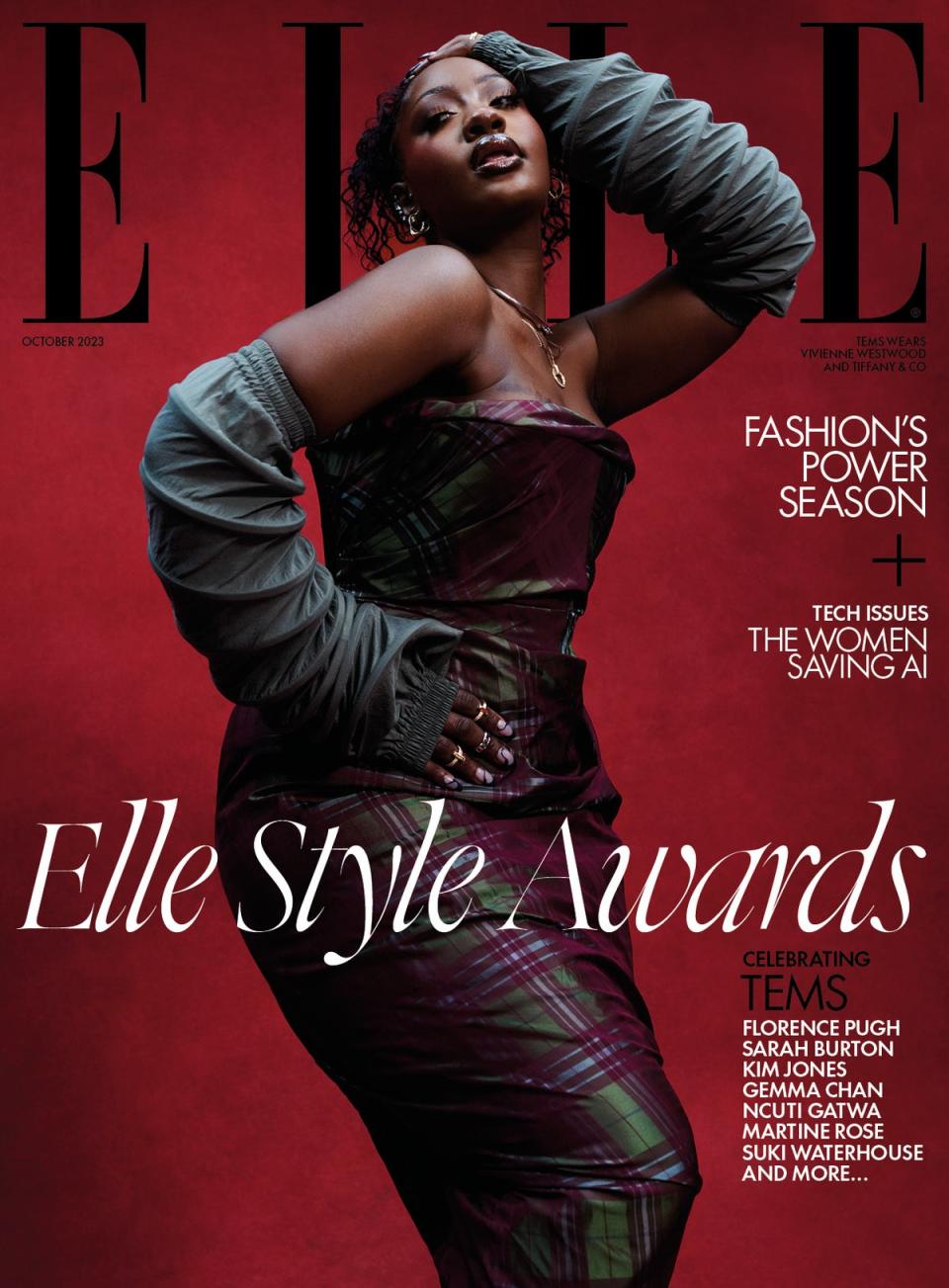 Elle Magazine cover featuring a woman in a strapless plaid dress and ruched sleeves against a red background with magazine text overlays.