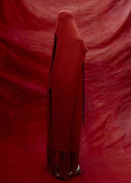 Person shrouded in a long red hooded garment stands against a red draped backdrop, creating a monochromatic and mysterious visual.