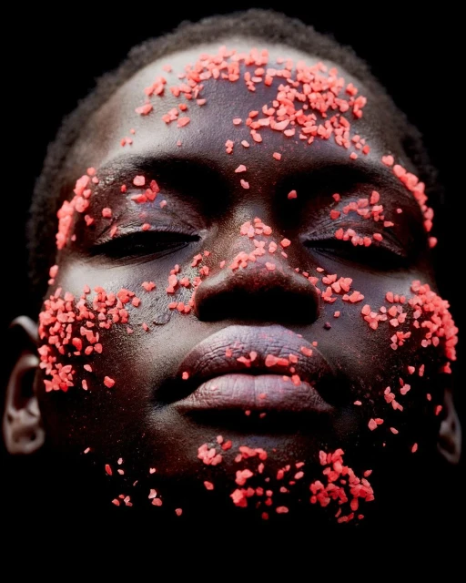 Close-up portrait of a person with dark skin and coral-colored crystals or stones adhered to the face on a stark black background.