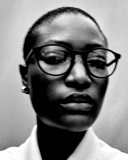 Close-up black and white portrait of a bald adult woman wearing black glasses, silver earrings, and a white collared shirt against a plain background.