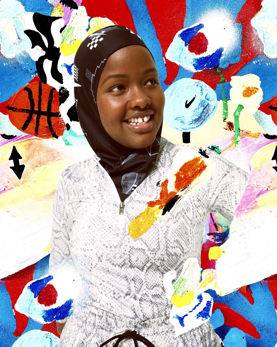 Smiling woman in a headscarf and patterned dress against a colorful painted backdrop featuring abstract designs and a basketball image.