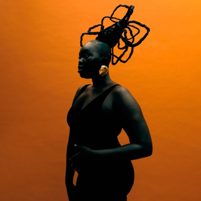 Striking portrait of a woman with a unique updo and gold earrings against a vibrant orange backdrop, showcasing beauty and style.