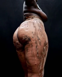 Close-up portrait of a Black woman's body coated in smooth clay against a dark background, photographed by Ekua King.