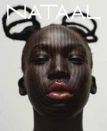 Close-up portrait of a Black woman with striped painted facial patterns, glossy lips, and elaborate braided hair by photographer Ekua King