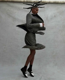 Black woman in motion wearing a gray textured skirt suit and two-tone loafers against a gray backdrop