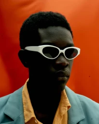Portrait of a Black man wearing white oval sunglasses, a yellow shirt, and a light blue jacket against an orange backdrop