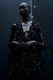 Portrait of a black woman wearing a textured black dress against a dark textured wall by photographer Ekua King