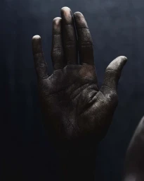 Close-up portrait of a dark-skinned hand covered in dust held up against a dark background, photographed by Ekua King.
